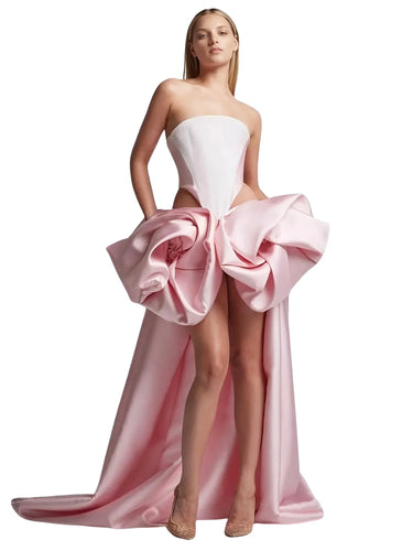 Chic Rose Flower High Low Prom Dress Blush 3D Hand Rose Formal Occasion Dress Strapless Birthday Wear Hi Low Prom Gowns, Dresses, Drestiny, Mini Dresses, Strapless, Sleeveless, Off Shoulder, Pink, Black, Custom Size, Custom Made, United States, USA, Canada, Australia, New Zealand, United Kingdom, UK, XS, S, M, L, XL, XXL, 3XL, short front long back prom dress, high low dresses for prom, high low homecoming dress, pink high low prom dress, shopdrestiny.com